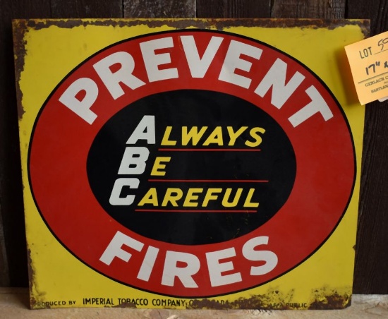 PREVENT FIRES IMPERIAL TOBACCO SIGN, 17" x 15",