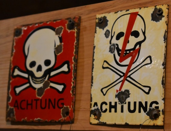 (2) ACHTUNG PORCELAIN SIGNS, 6"H x 4 1/2" AND 5"W