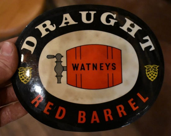 WATNEYS DRAUGHT RED BARREL BEER SIGN, 6 1/8" x 7 1/2"