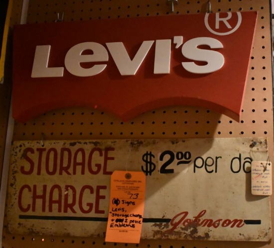 (4) SIGNS; LEVIS, STORAGE CHARGE AND TWO PIECE EMBLEMS