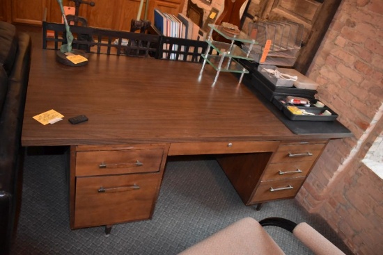 BROWN WOOD DESK WITH LAMINATE TOP, SIX DRAWERS,