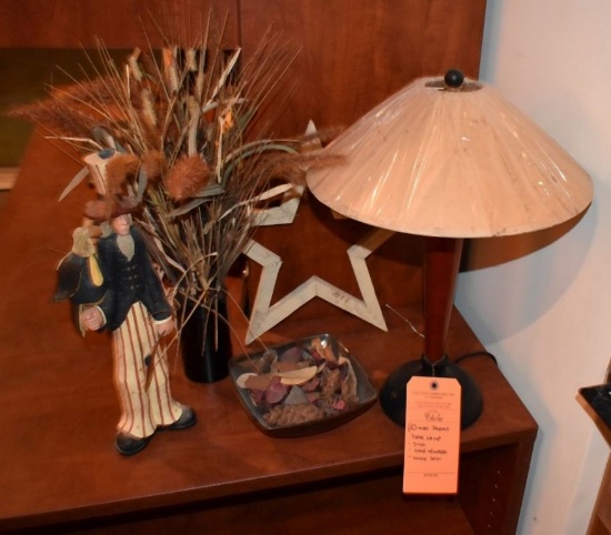 (5) MISC. ITEMS; DESK LAMP, DISH, VASE WITH WEEDS,