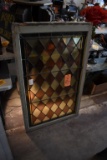 LARGE STAINED GLASS WINDOW, FRAME SIZE IS 32