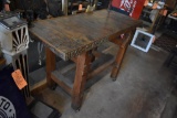 WOODEN WORKBENCH ON CASTERS, RUSTIC, 59