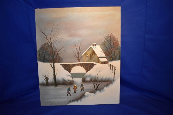 VINTAGE PAINTING ON CANVASE, TITLE SKATING, 23-3/4"H X 20"W