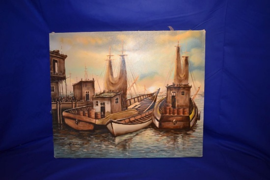 VINTAGE NAUTICAL HARBOR PAINTING, SIGNED S. SUMSON,