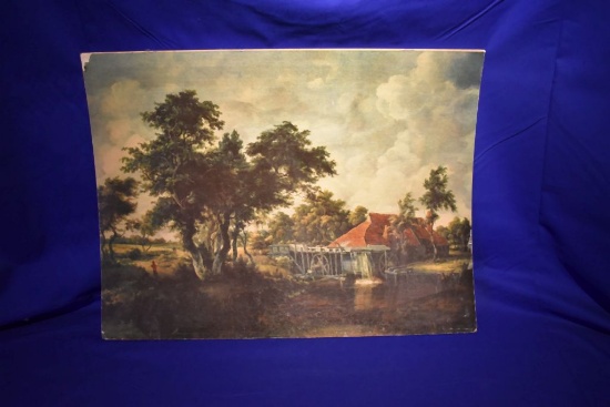 VINTAGE PRINT ON BOARD BY HOBBEMA, MAN GOING
