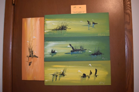 MID CENTURY ART BY RON, (4) 6-1/4" X 17", BIRDS ON WATER