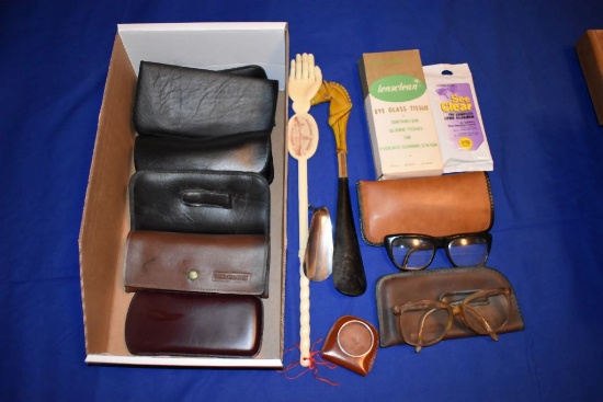 SHOE HORNS, EYE GLASS TISSUES, GLASSES, ETC.