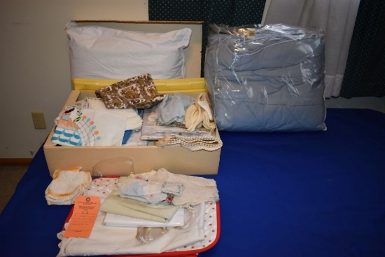 BOX W/TABLE RUNNERS, DOLLIES, TABLECLOTHS,