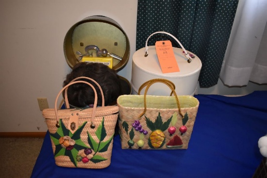 (2) WIG CASES, WIG HOLDER & (2) STRAW BAGS