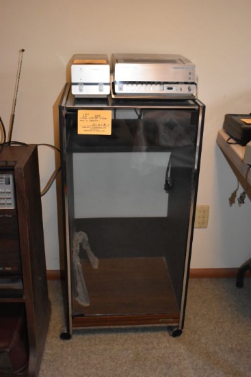 STEREO CABINET W/GLASS DOOR, ON CASTERS, 18" X 16" X 36"T