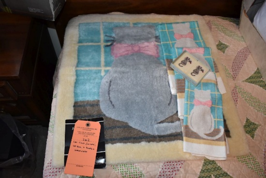 CAT CLOCK (ON WALL), CAT RUG, TOWELS & WASH CLOTH