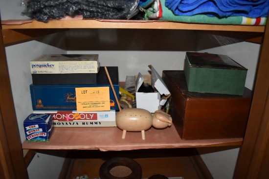 SHELF: GAMES, WOODEN BOX, ETC.