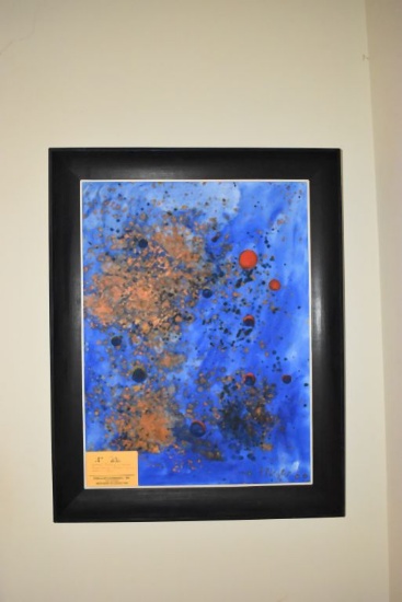 ABSTRACT PAINTING ON CANVASE, BLUES/ORANGE W/BLACK FRAME,