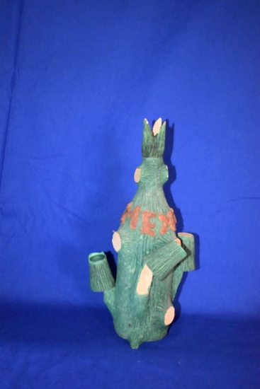 MEXICO CACTUS DECANTER, (4) SHOT GLASSES, CARVED