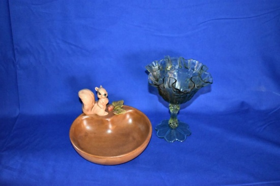 FENTON GLASS COLONIAL GREEN ROSE COMPOTE CANDY DISH