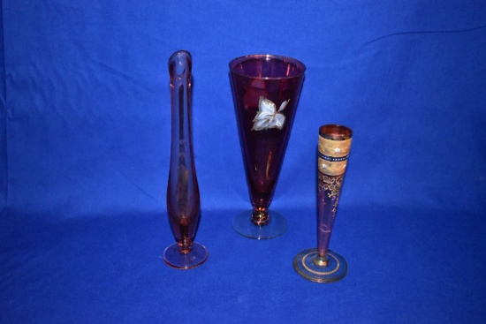 VINTAGE CRANBERRY COLORED TRUMPET VASE, 7-3/4"H X