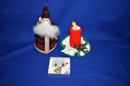 SANTA DOOR STOP, YARN CANDLE & XMAS JEWELRY
