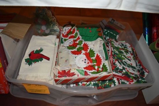 BIN W/XMAS ITEMS: TOWELS, TABLE CLOTHS, STOCKINGS, ETC.