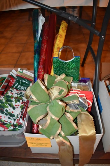 BOX W/XMAS BOWS, PAPER, BAGS, ETC.