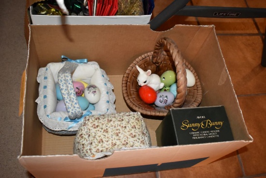 BOX W/EASTER EGGS (GLASS), BASKETS, BUNNY CANDLE HOLDER