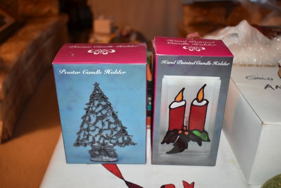PEWTER CANDLE HOLDER & HAND PAINTED CANDLE HOLDER