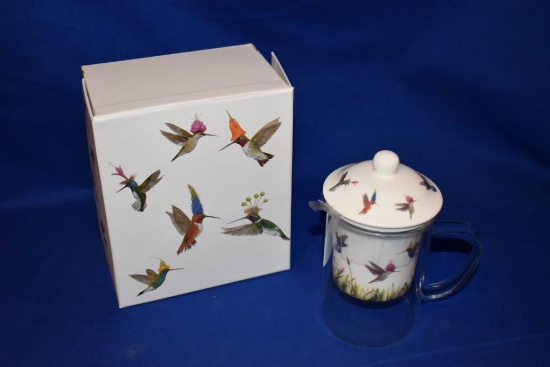 GLASS TEA MUG W/LID, STRAINER W/HUMMING BIRD, NIB,