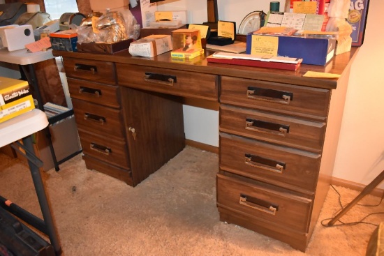 VINTAGE DESK, WOODGRAIN LAMINATE, 8 DRAWER, 23-3/4"D