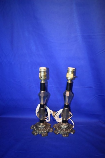 PAIR OF VINTAGE BRASS & SMOKEY LUCITE TABLE LAMPS,