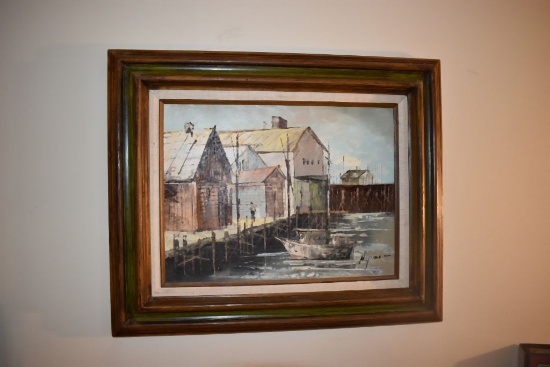 VINTAGE PAINT ON CANVAS, BOAT & DOCK BY HAPMAN, 19"H