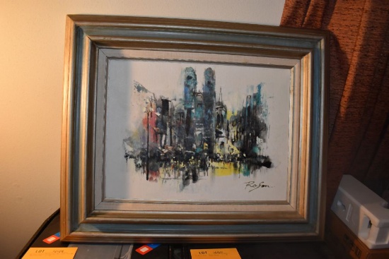 VINTAGE CITYSCAPE BY RUSON, HEAVY FRAME, 19-1/2"H X