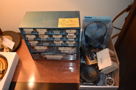 PLASTIC PARTS CABINET W/15 DRAWERS & BOX, MISC. ITEMS