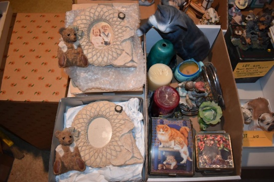 PICTURE FRAMES, CAT TRINKET BOXES, CANDLES,