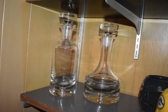 (2) HEAVY GLASS DECANTERS, APPROX. 10-1/2"H/11-1/2"H