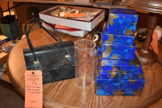 BLACK VINYL PURSE, CLEAR HURRICANE, 6 GIFT BOXES