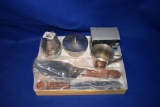 TEA HOLDER, STAINLESS SUGAR BOWL W/LID, CREAMER,
