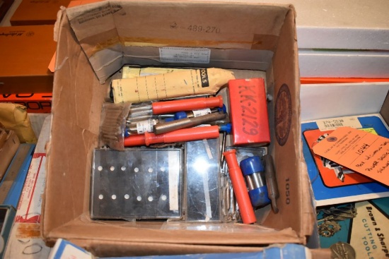 BOX W/MISC. ITEMS: CARBIDE END MILL, DRILLS &