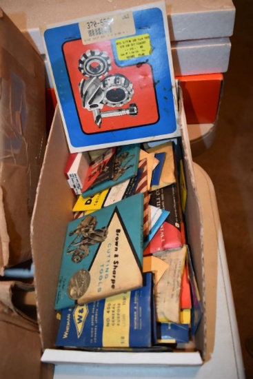 BOX W/CUTTING TOOLS, POWER DRILLS 1/8", SHANKS, ETC.