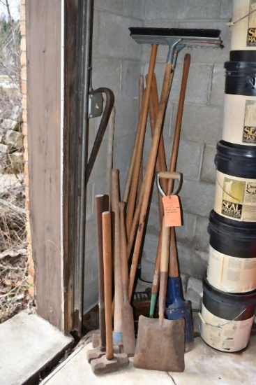 SHOVELS, RAKES, POST HOLE DIGGER, SLEDGE HAMMERS, ETC.