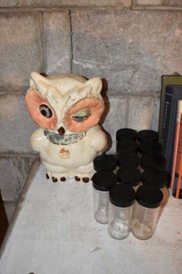 VINTAGE PORCELAIN TOP TABLE & CERAMIC OWL W/JARS