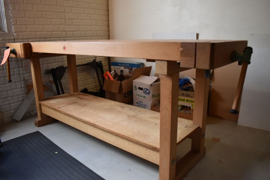 WOODWORKING BENCH WITH ATTACHED WOOD VISES, 81" x