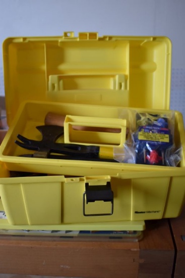 PLASTIC TOOL BOX WITH ASSORTED HAND TOOLS; PRIMARILY HAMMERS