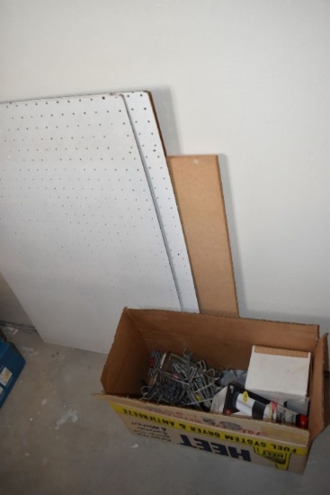 PEGBOARD HOOKS AND ASSORTED PIECES OF PEGBOARD