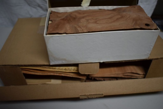 BOX OF VENEERS AND WOOD SAMPLES AND BOX OF BRASS