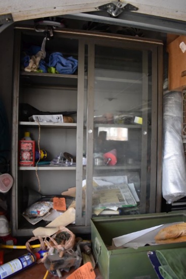 METAL CABINET WITH SLIDING GLASS DOORS AND CONTENTS,