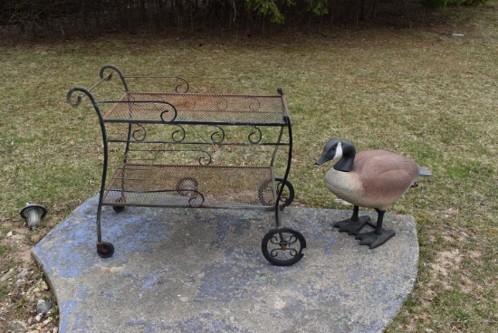 GARDEN METAL CART AND GOOSE, GOOSE HAS A DAMAGED BEAK
