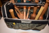 TOOL TOTE WITH ASSORTED WOODEN MALLETS AND TOOLS