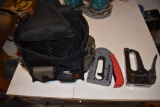 TOOL TOTE WITH STAPLERS AND MISC. HAND TOOLS