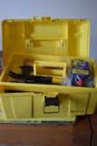 PLASTIC TOOL BOX WITH ASSORTED HAND TOOLS; PRIMARILY HAMMERS